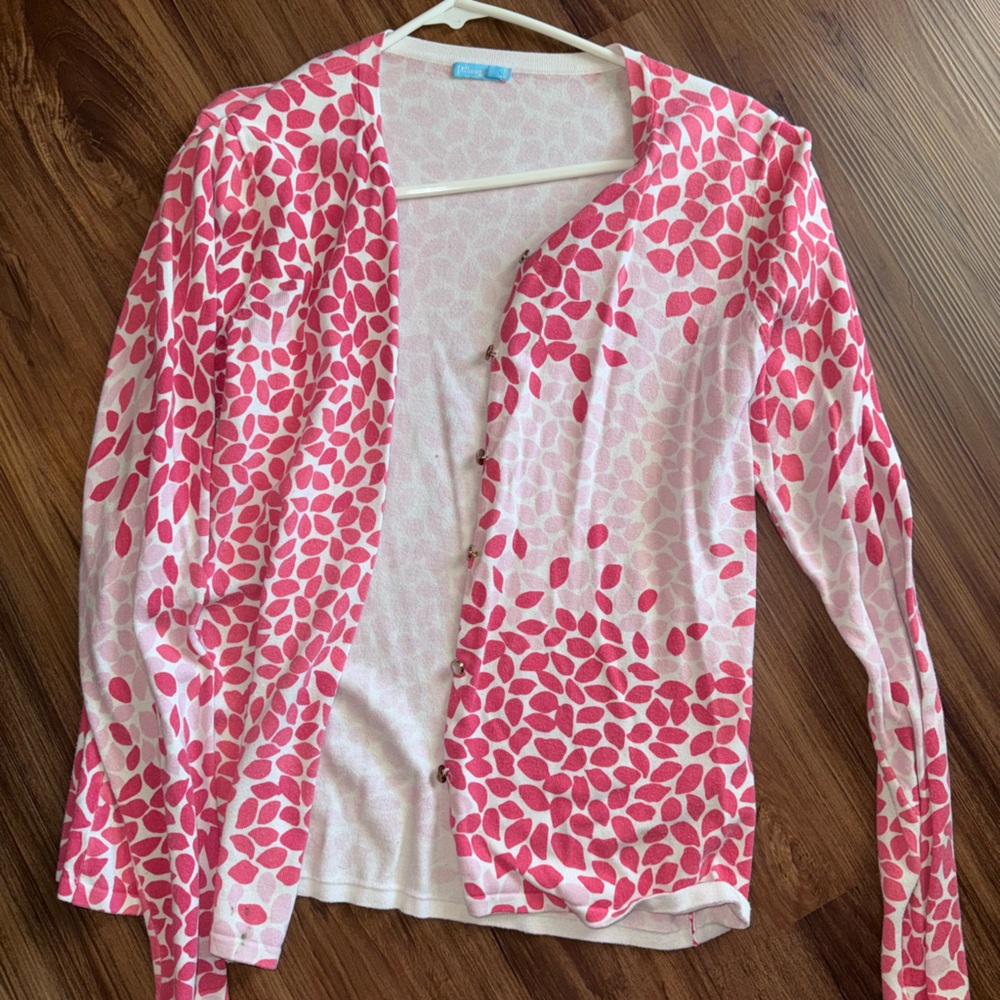J. McLaughlin Pink and White Leaf Print Cardigan
